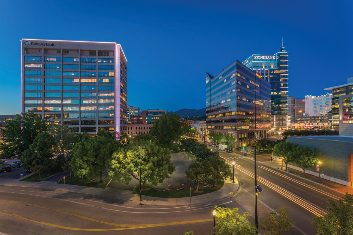 View of downtown Boise at dusk looking at office buildings