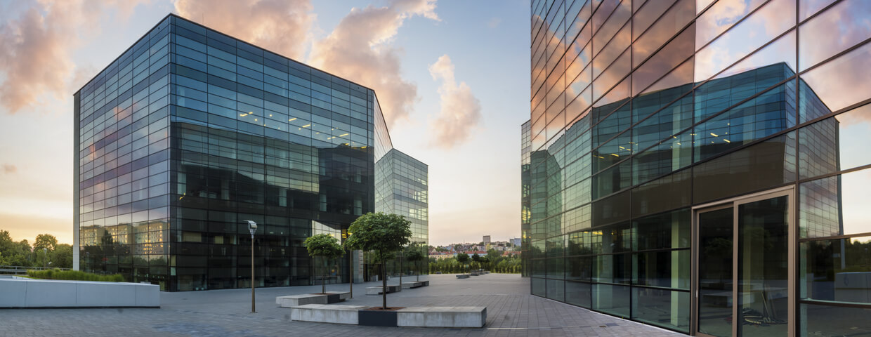 office buildings at dusk