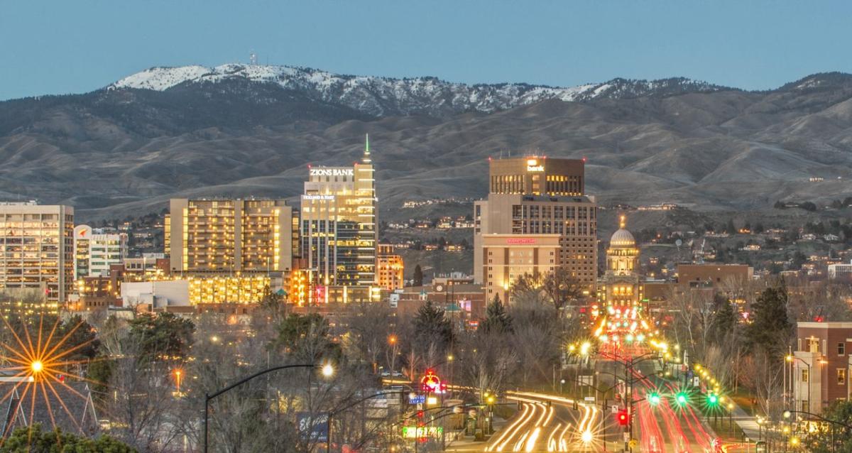 Boise Idaho at dusk looking at downtown from the train depot